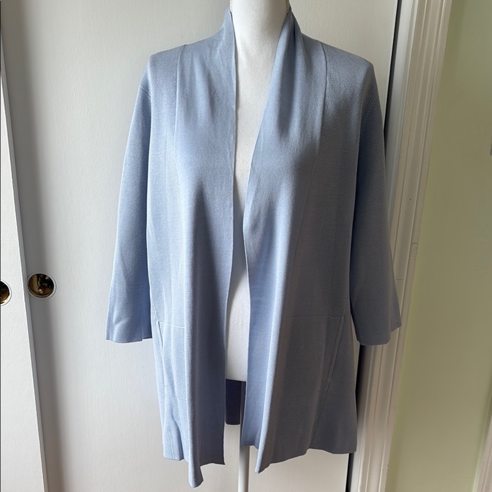 Eileen Fisher Light Blue Silk and Organic Cotton Open Front Cardigan LP